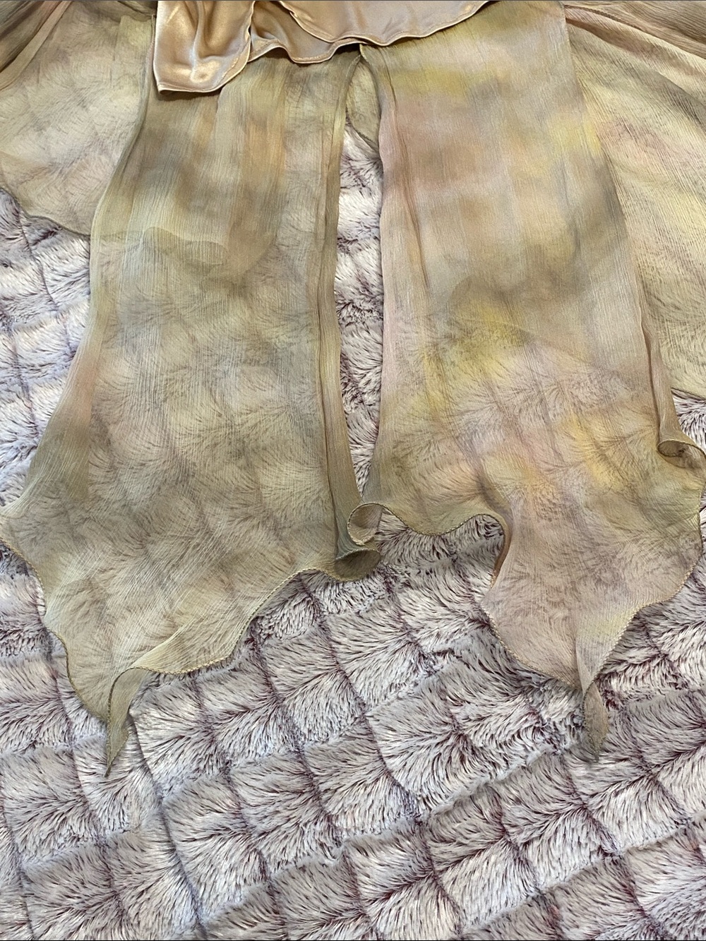 Sue Wong Beaded High-Low Flowy Silk Gown in Yellowish Green Champagne Hues - Picture 10 of 12